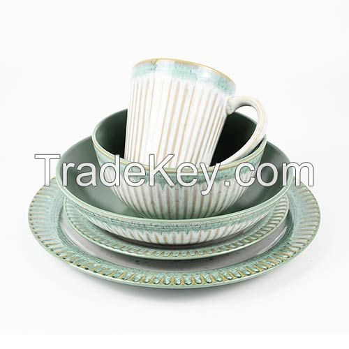 20pcs Embossed Pattern Reactive Ceramic Dinnerware