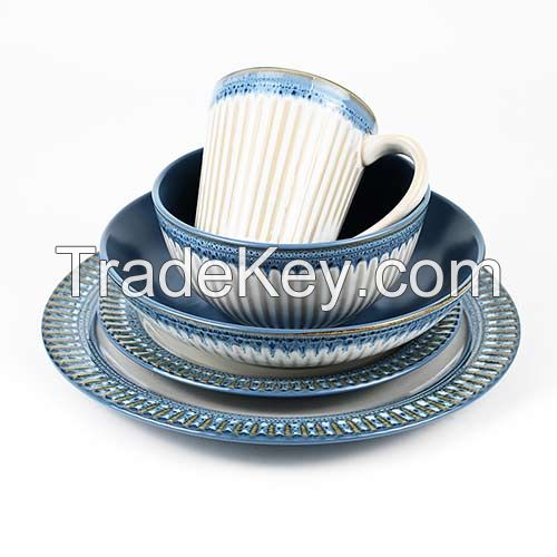 20pcs Embossed Pattern Reactive Ceramic Dinnerware