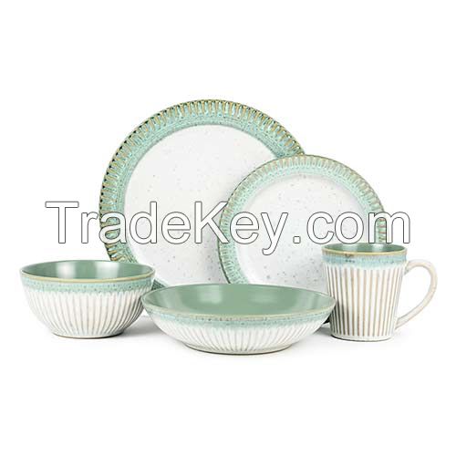 20pcs Embossed Pattern Reactive Ceramic Dinnerware