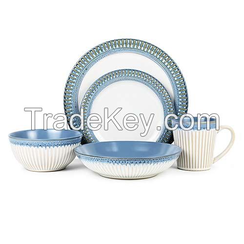 20pcs Embossed Pattern Reactive Ceramic Dinnerware