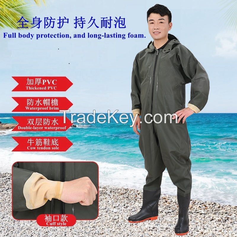 Cuff Style PVC Waterproof Full Body Fishing Wader Breathable Fishing Chest Wader Suit with Gloves for Men Women