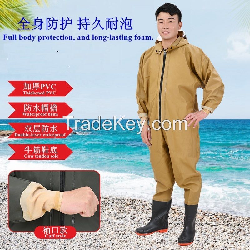 Cuff Style PVC Waterproof Full Body Fishing Wader Breathable Fishing Chest Wader Suit with Gloves for Men Women