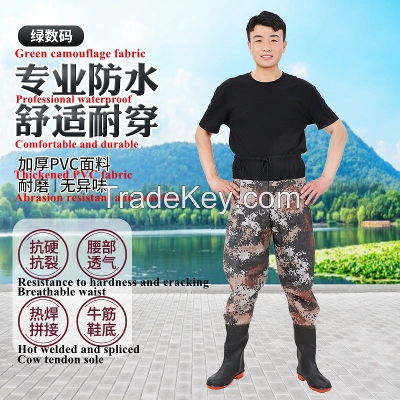 Waist-length Style Green Camouflage Fabric Waterproof half Body Fishing Wader Breathable Fishing Chest Wader Suit with Gloves for Men Women Water Resistant Pants 