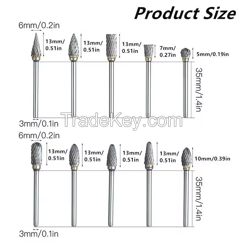 10pcs Carbide Burr Set, Hard Alloy Tungsten Steel Double Cut Rotary File Milling Cutter Head, Woodworking Grinding Carvin