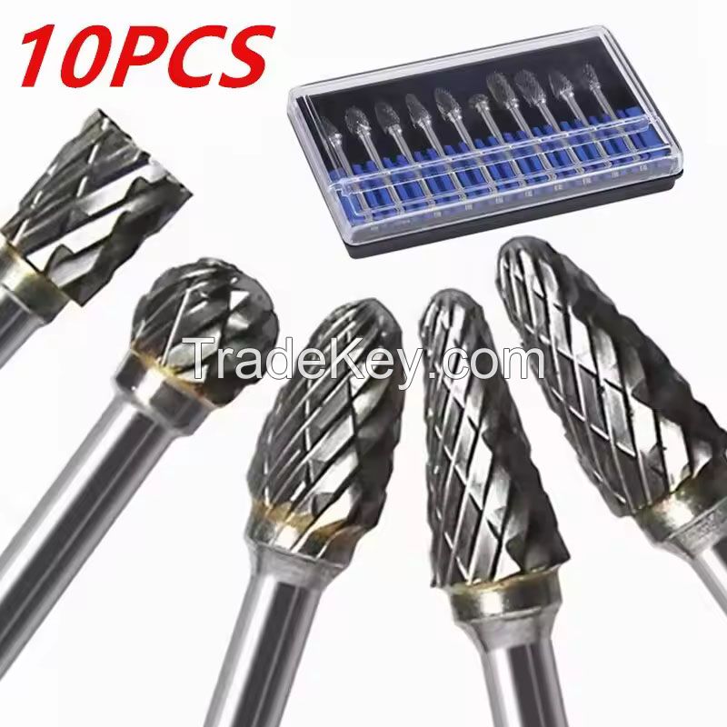 10pcs Carbide Burr Set, Hard Alloy Tungsten Steel Double Cut Rotary File Milling Cutter Head, Woodworking Grinding Carvin