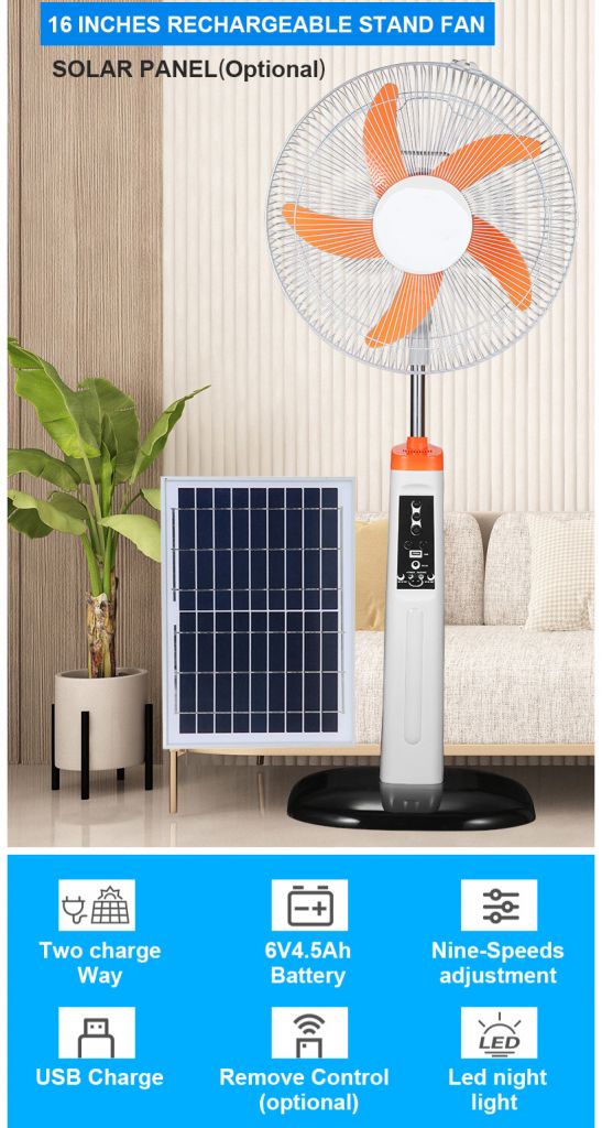 16 Inch 12V DC Solar Fan Solar Powered AC DC Rechargeable Fan Price Cheap Stand Solar Fan with Panel and LED Light