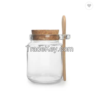 Wholesale 250ml Transparent Round Shape Food Storage Glass Jar for Jam Sauce Jelly Pudding with Wooden Stopper and Spoon