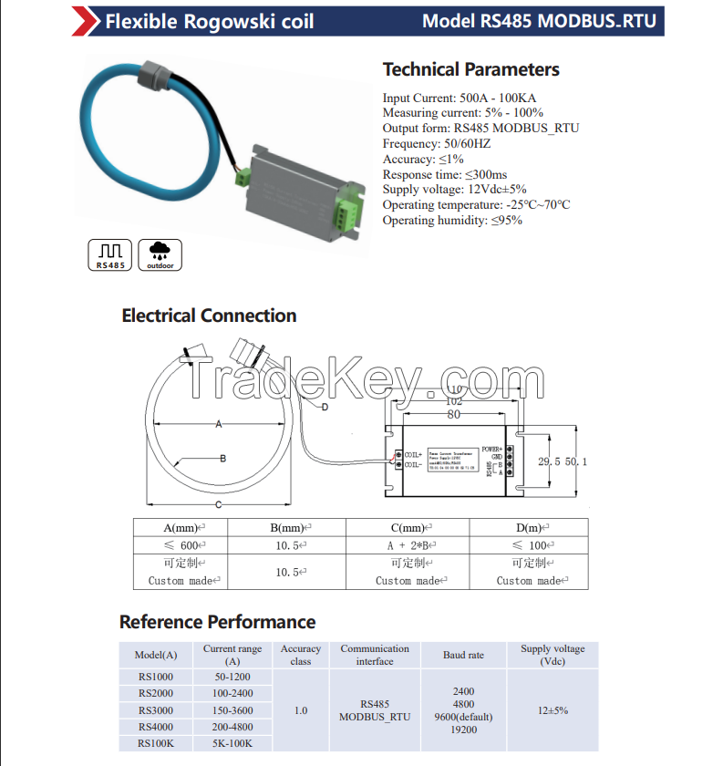 Flexible Rogowski Coil RS485 Modbus-Rtu/Split core Rogowski Coil CT