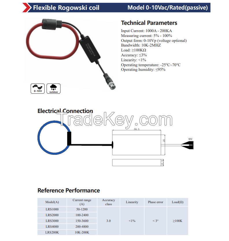 Flexible Rogowski Coil 0-10Vac/Rated(passive)