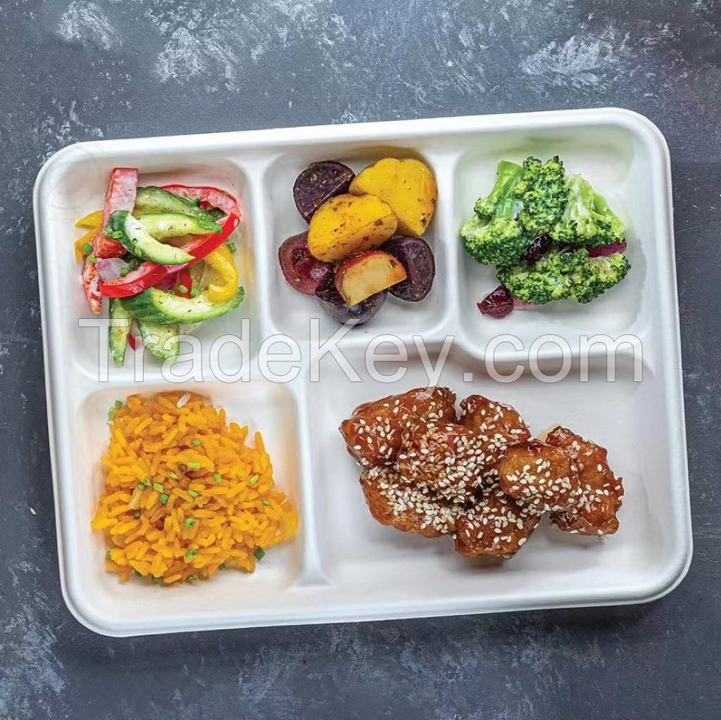 5 Compartment Compostable Fast Food Buffet Plate &amp;amp; Tray For Main Course, Three Sides And Dessert Disposable Biodegradable Tableware Bagasse Tray