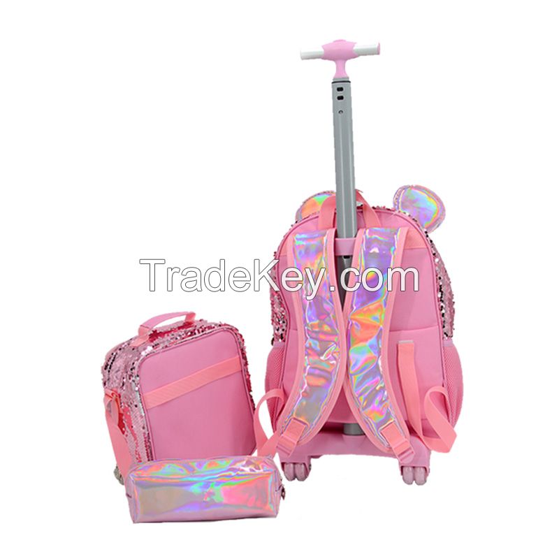 Fashion kids Trolley School Bags backpack with Wheels two side sequin