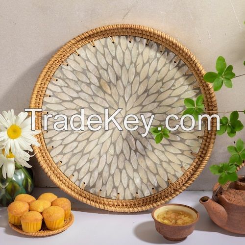 Hot Design 100% Natural Ceramic Rattan Round Tray Handwoven Serving Tray Eco-friendly Food Tray