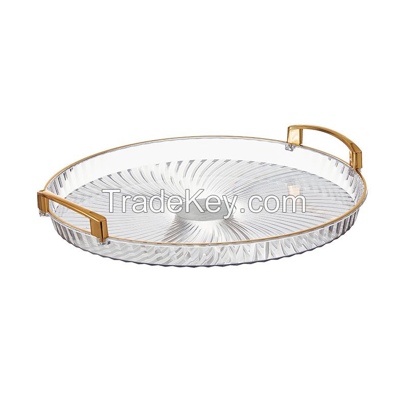 Decorative Tray with Handle, Round Plastic Serving Tray Perfume Holder Fruit Snack Tray Countertop Storage Tray for Living Room, Dining, Kitchen, Bathroom (Golden)