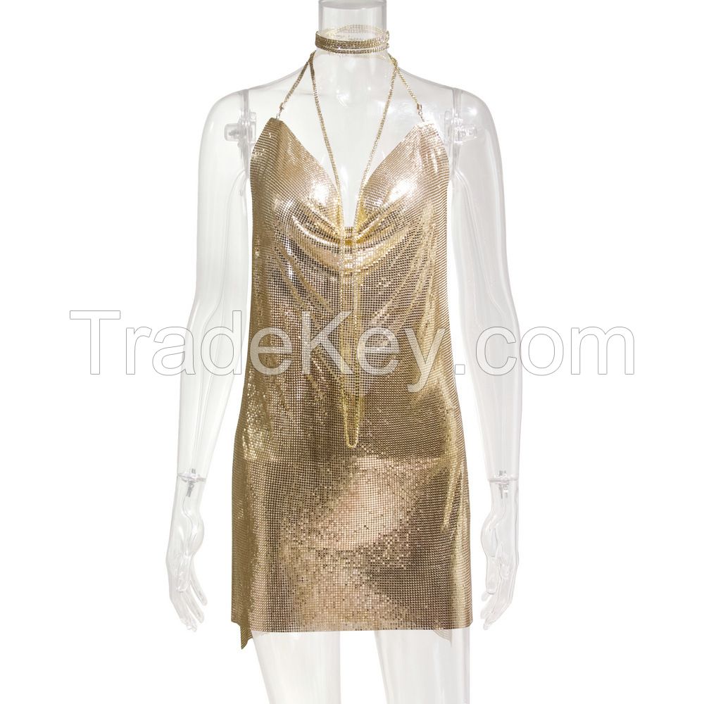 Handmade Shining Metallic Sequin Dress Sexy Rhinestone Party Wear