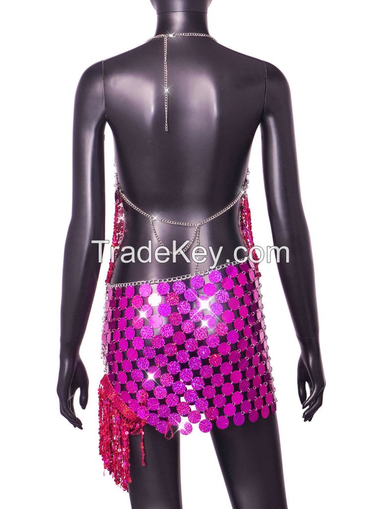 Party Sexy Backless Tops Suspender PVC Beaded Dress Sequined Tassel Suit for Women