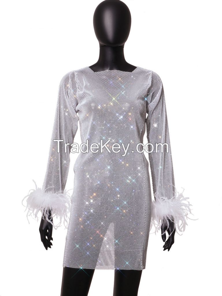 Party See-Through Pullover Loose Rhinestone Mesh Women's Dress with Feather