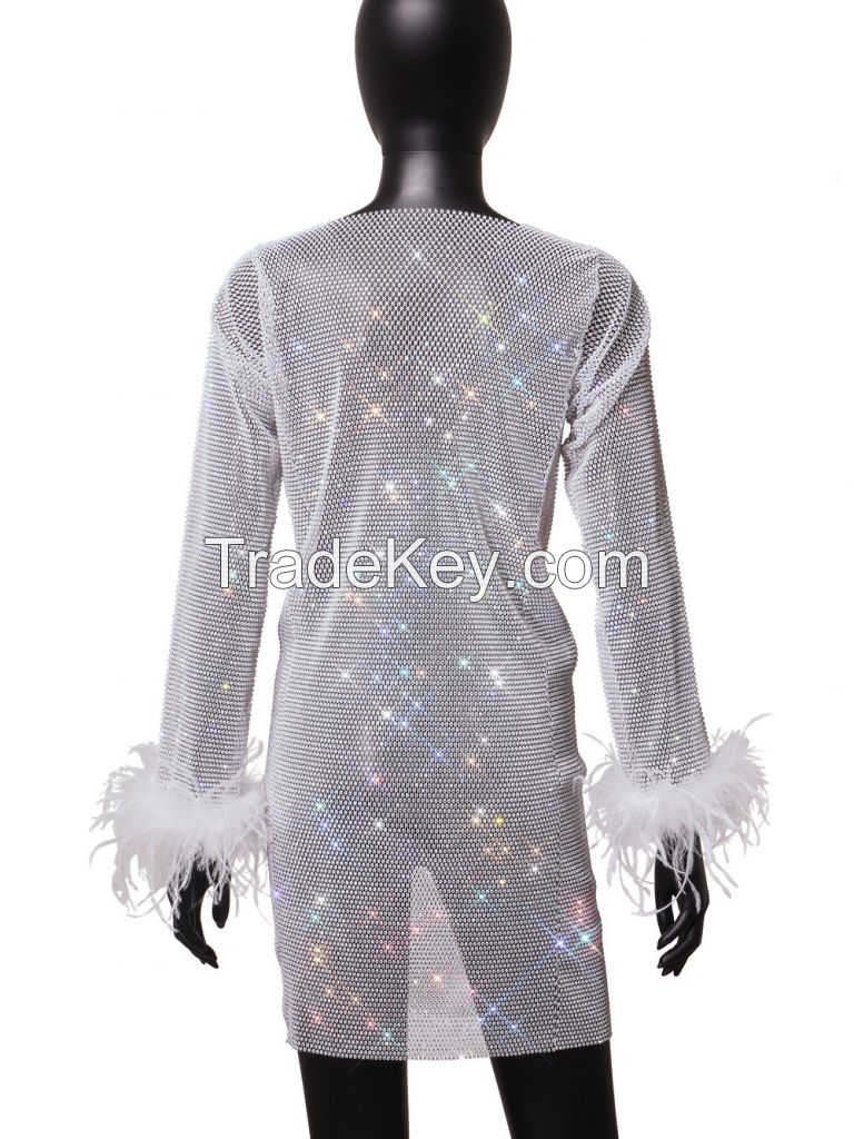 Party See-Through Pullover Loose Rhinestone Mesh Women's Dress with Feather