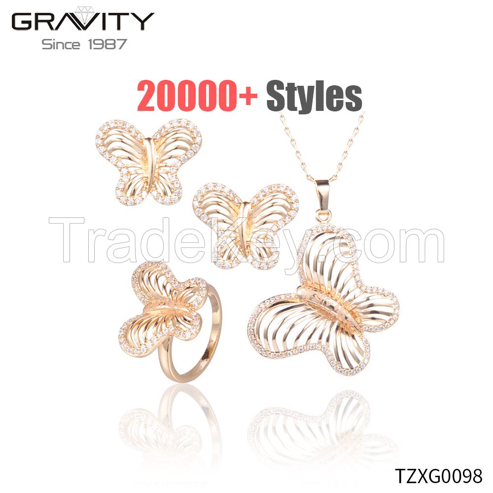 Newest fashion costume American wedding butterfly necklace and earring 18k gold plated body jewelry sets