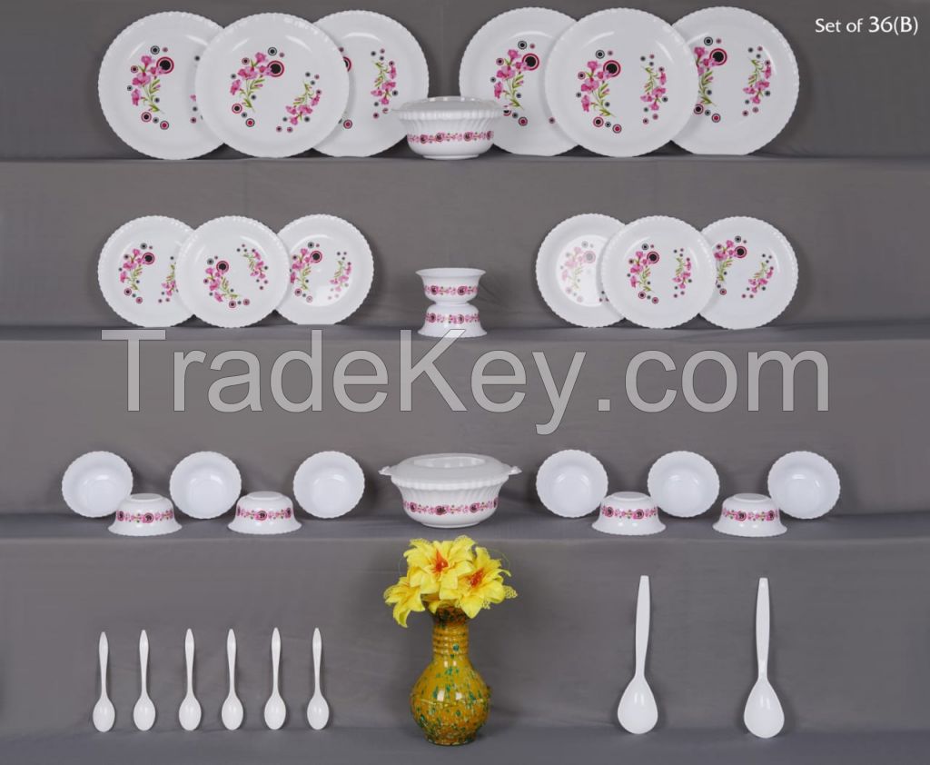 Unbreakable Dinner Set Gift Item Plastic Light Weight of 32 pcs Exclusive and Microwave Safe, Printed Round Flourish Pieces Safe Print May Very (Dinner Pack Pcs32 - Multi Color)