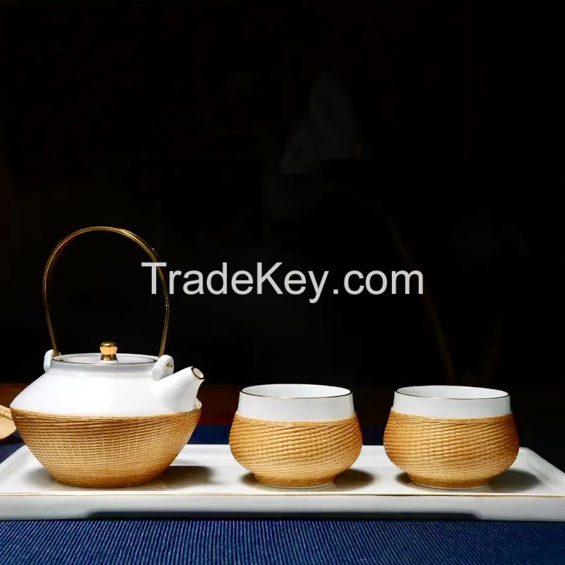 Bamboo woven porcelain tea set