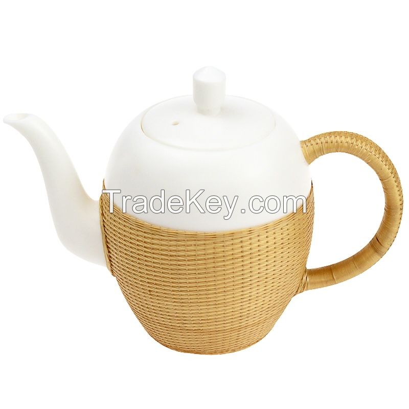 Bamboo woven porcelain tea set