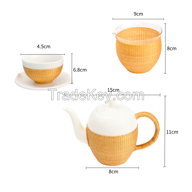 Bamboo woven porcelain tea set