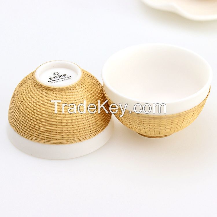 Bamboo woven porcelain tea set