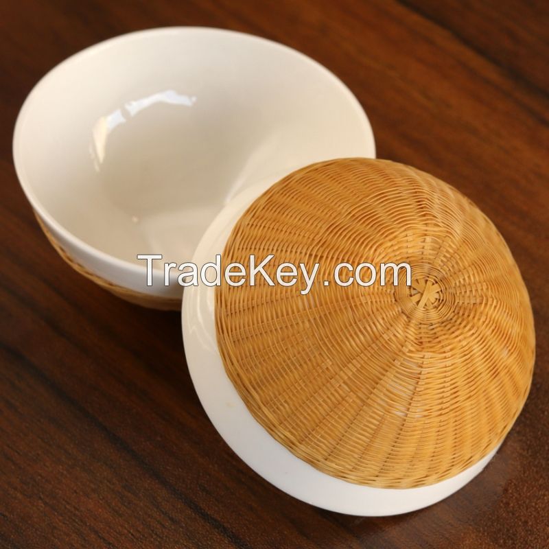 Bamboo woven porcelain tea set