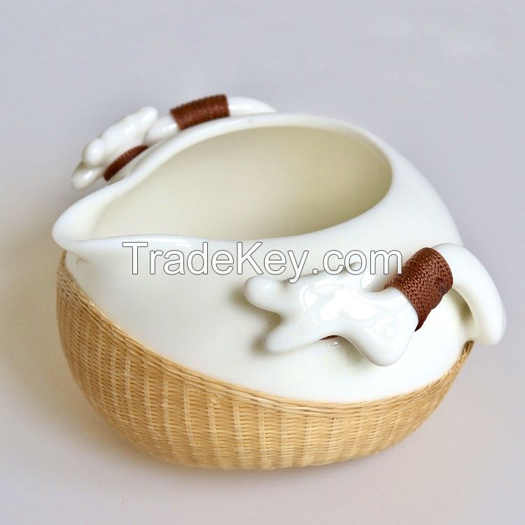 Bamboo woven porcelain tea set