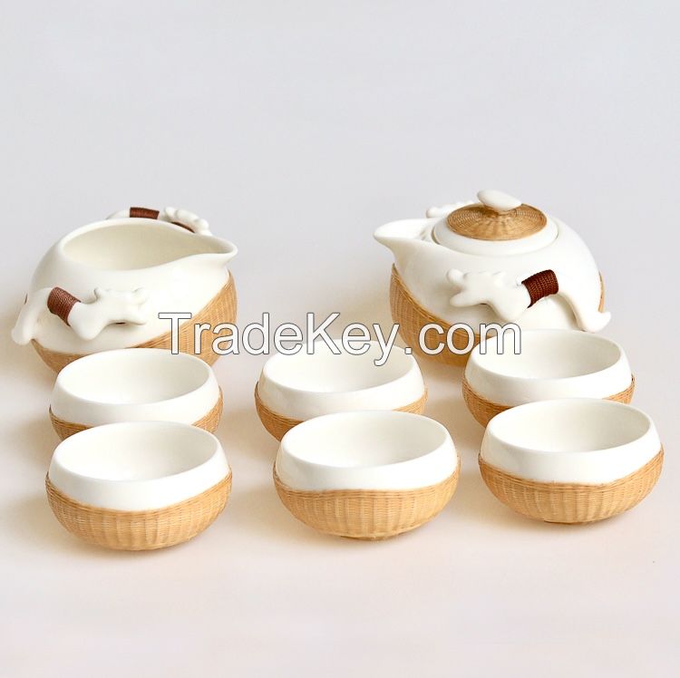 Bamboo woven porcelain tea set