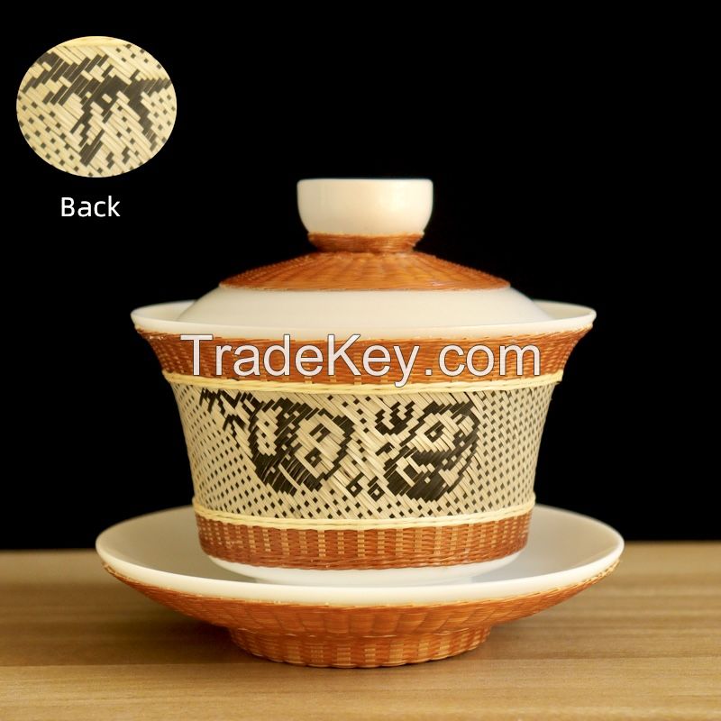 Bamboo woven porcelain tea set