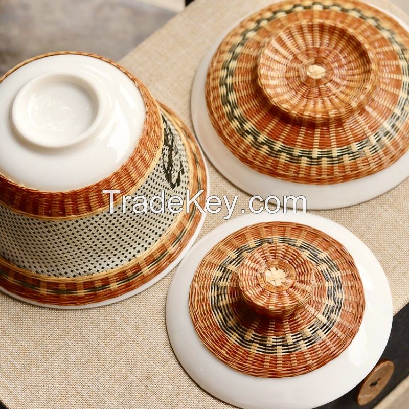 Bamboo woven porcelain tea set