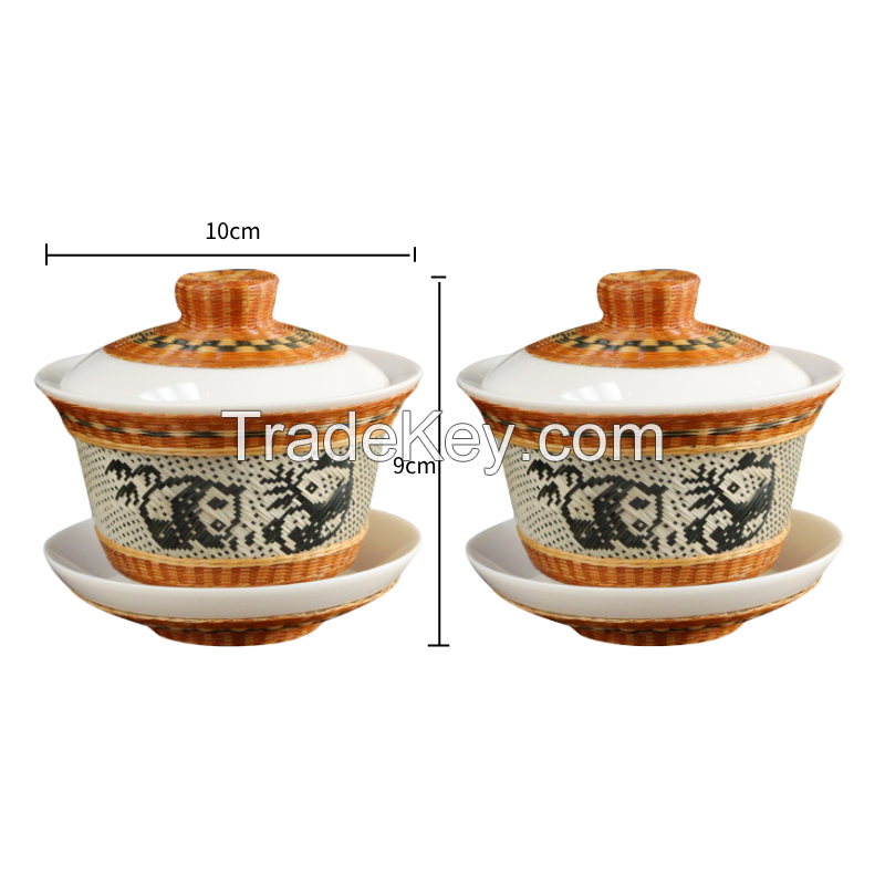 Bamboo woven porcelain tea set