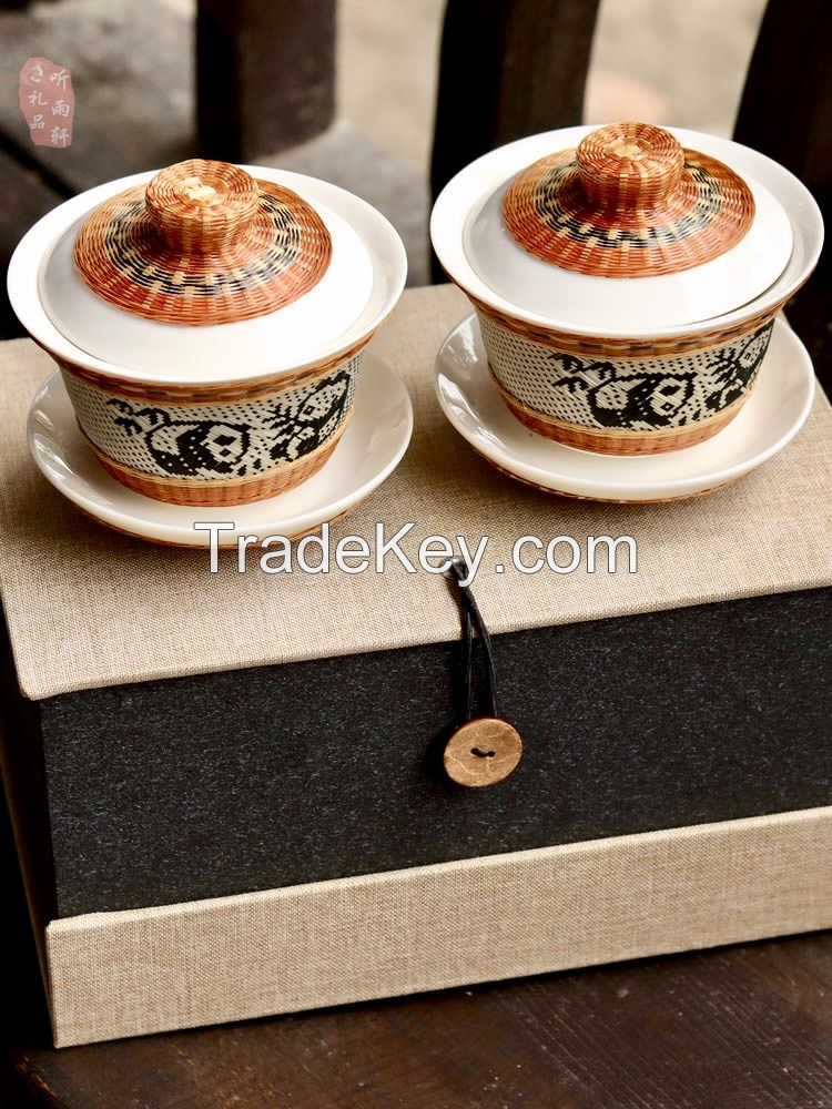 Bamboo woven porcelain tea set