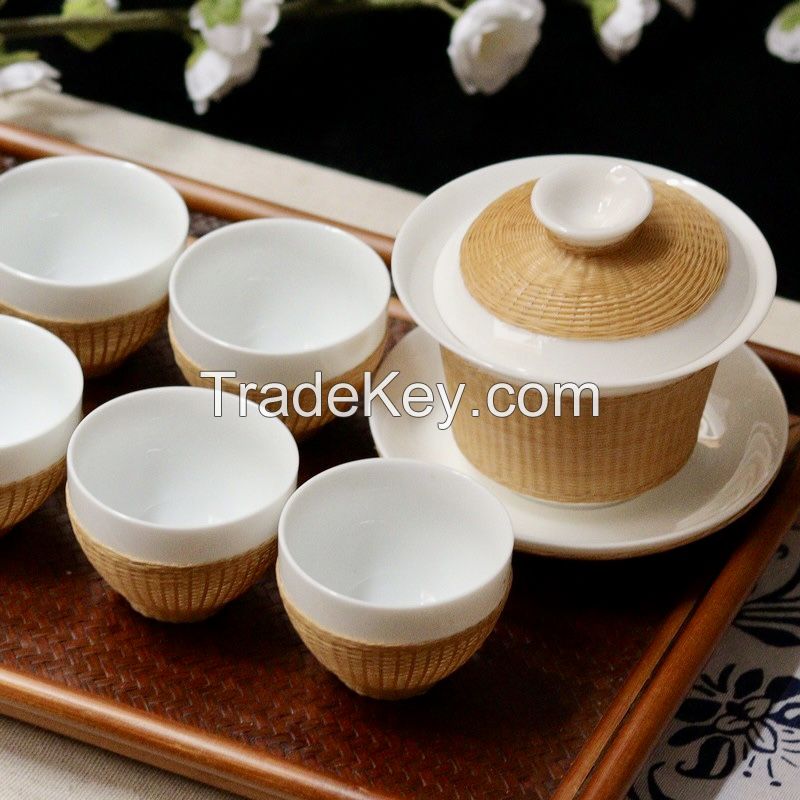 Bamboo woven porcelain tea set