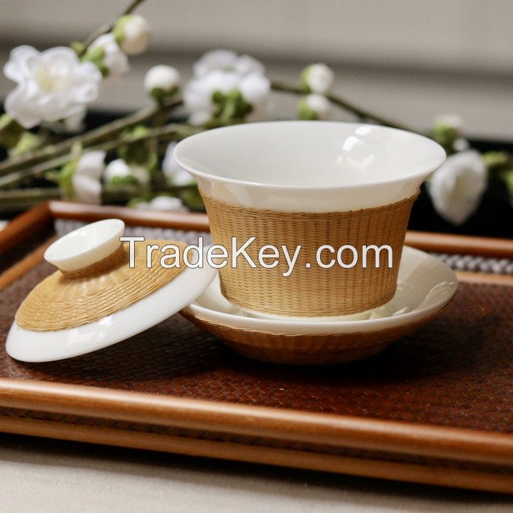 Bamboo woven porcelain tea set