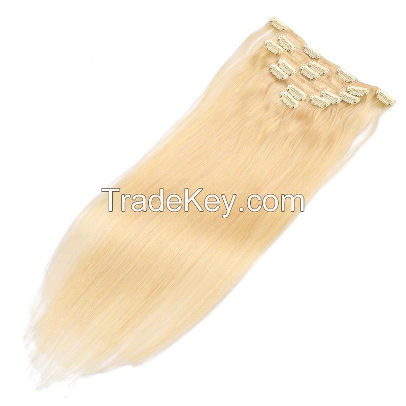 high quality clip in hair extensions remy hair clip on hair  5-10pieces per pack blonde color 75g-200g