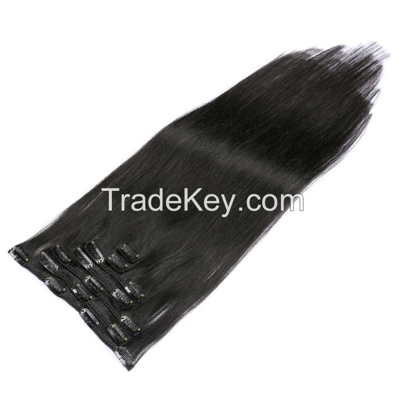 high quality clip in hair extensions remy hair clip on hair  5-10pieces per pack black color crown color