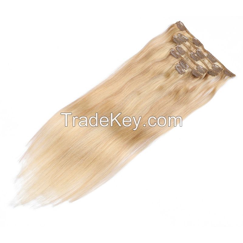 high quality clip in hair extensions remy hair clip on hair  5-10pieces per pack blonde color 75g-200g