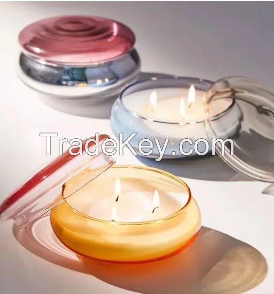 Flat Glass Scented Candle Jar With 3 Wicks