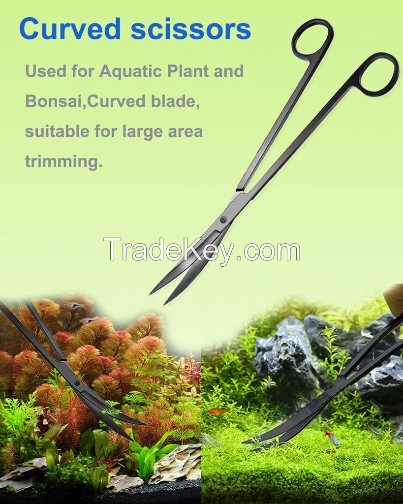 Aquarium Aquascape Tools Kit, 4 in 1 Anti-Rust Aquatic Plant Aquascaping Tool Stainless Steel Black Tweezers Scissors Spatula for Aquarium Tank Clean Fish Tank Aquascape Tools Sets (Black)