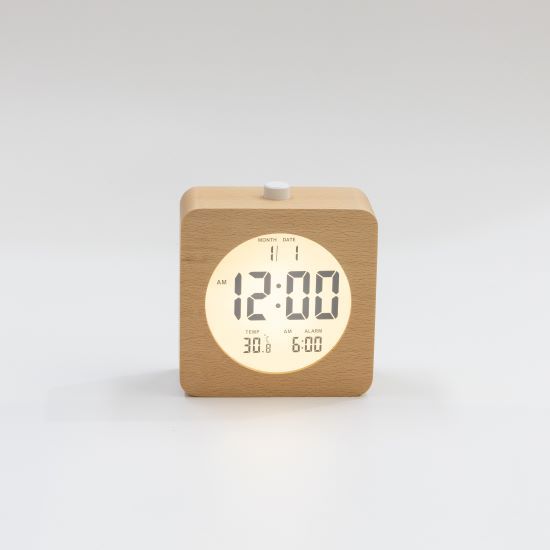 Wooden LCD Digital Clock Desk Calendar Alarm Clock with Night Light for Students