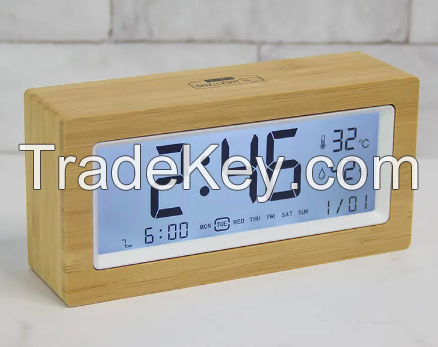 Wooden LCD Digital Clock Desk Calendar Alarm Clock with Night Light for Students