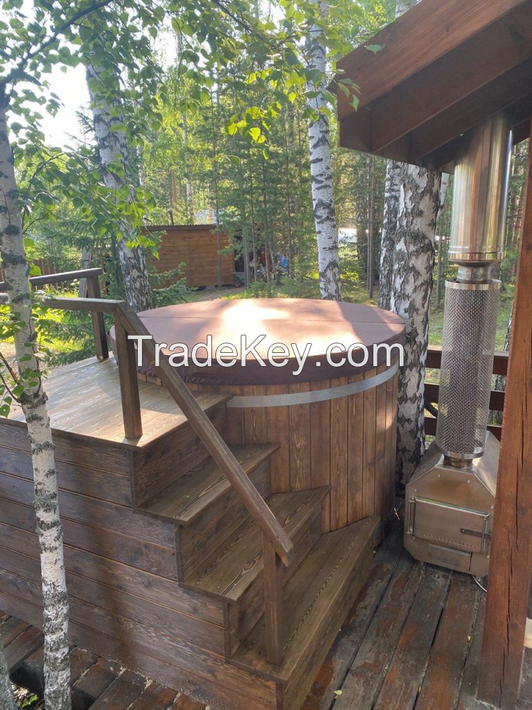 Cedar plunge tub with external stove