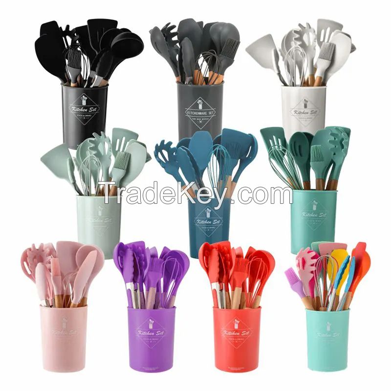 Premium Non Stick Cookware Spoons 12 Pcs Kitchen Cooking Utensils Silicone Kitchen Utensils Set With Wooden Handle