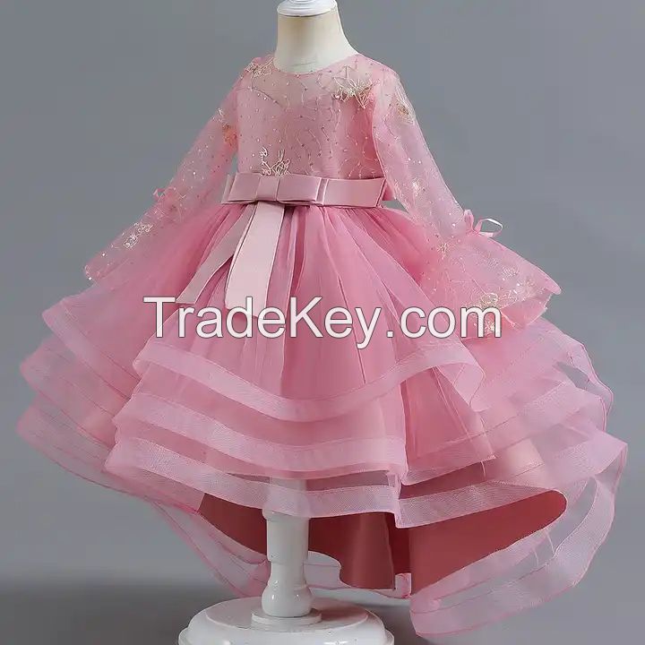 Girls Princess Party Dress Lace Kids Wedding Bow Clothes Tutu Ceremony Birthday Children Costumes Evening Dress