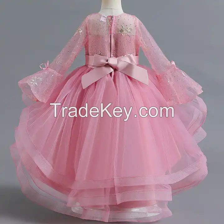 Girls Princess Party Dress Lace Kids Wedding Bow Clothes Tutu Ceremony Birthday Children Costumes Evening Dress