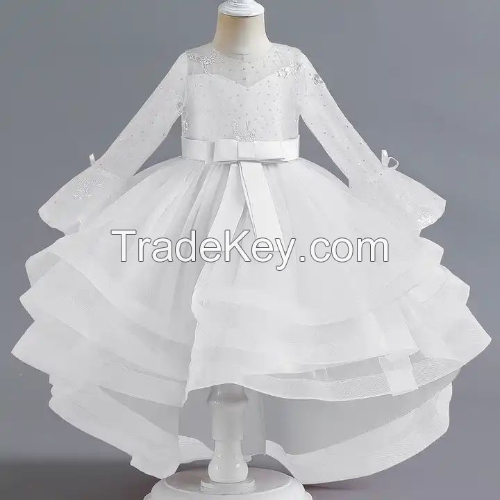 Girls Princess Party Dress Lace Kids Wedding Bow Clothes Tutu Ceremony Birthday Children Costumes Evening Dress