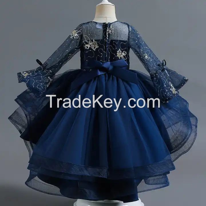 Girls Princess Party Dress Lace Kids Wedding Bow Clothes Tutu Ceremony Birthday Children Costumes Evening Dress