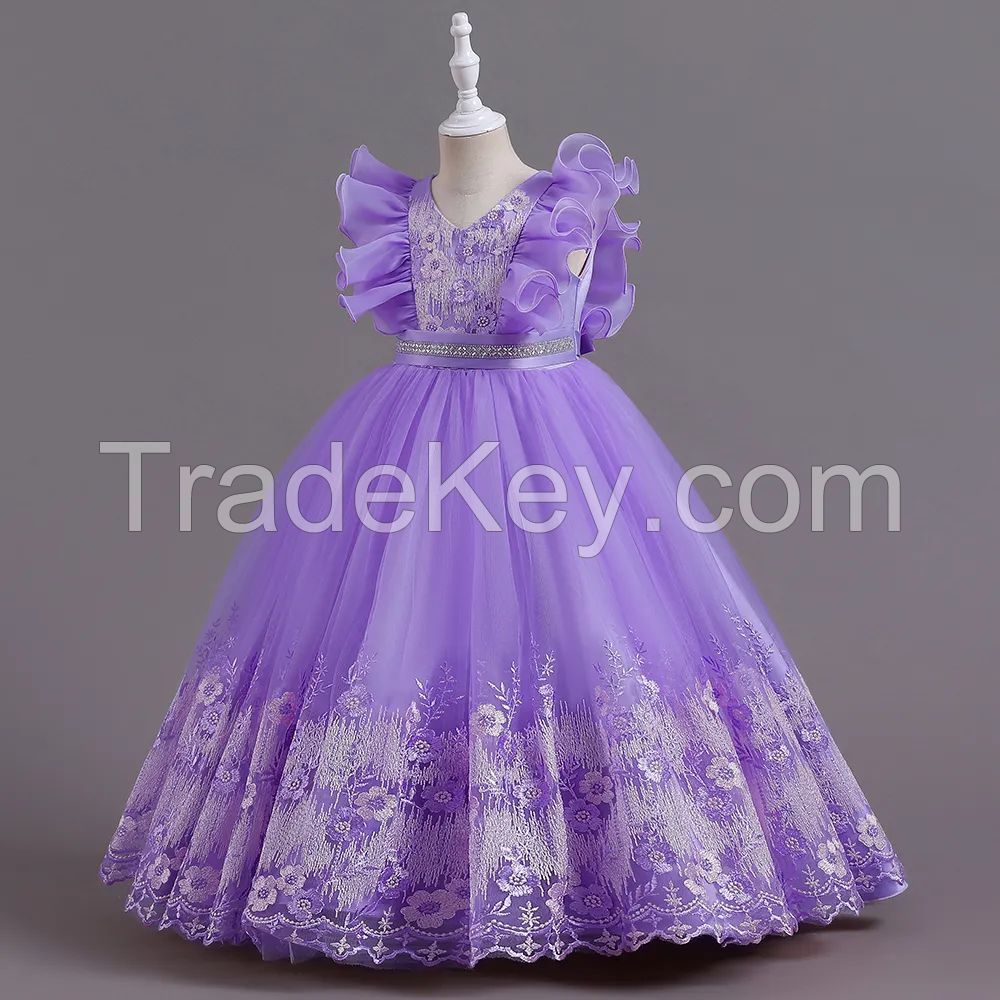 Hot Sale Applique Sleeveless Puffy Dresses Long Ball Gown Kids Wedding Party Dress